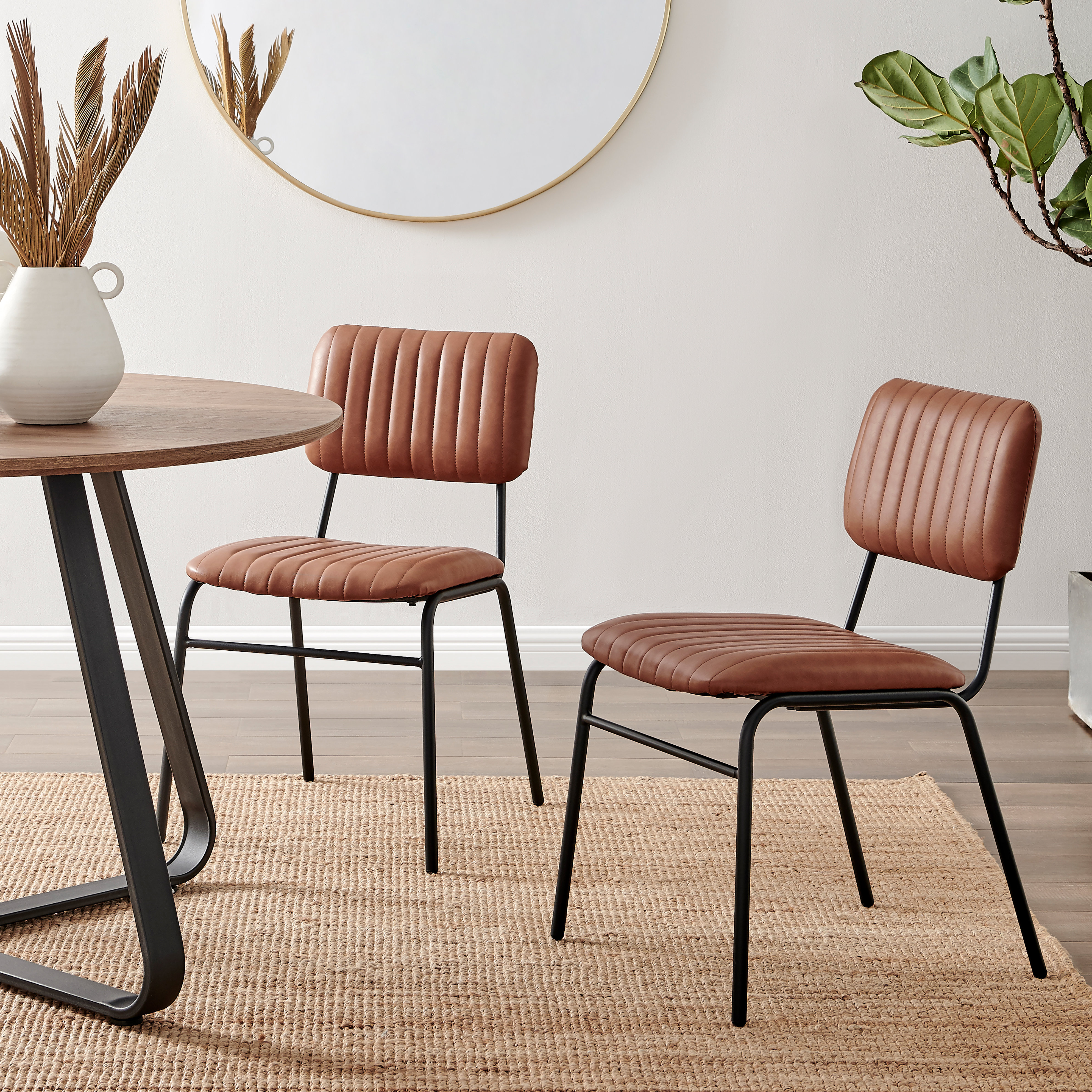 East Urban Home Dorsey Tan Upholstered Faux Leather Dining Chairs Modern Mid Century Industrial Style Reviews Wayfair
